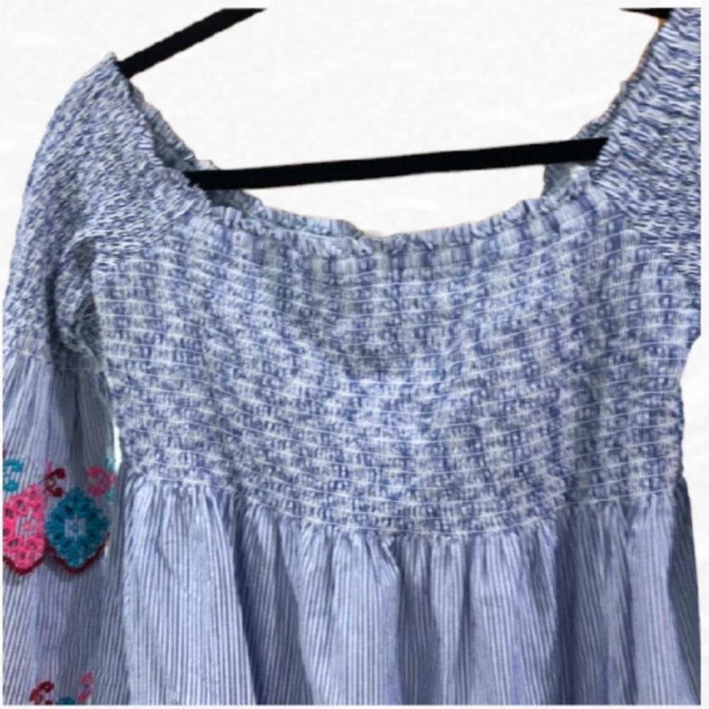 Loft Off-Shoulder Striped Top with 3/4 Embroidered Sleeves - Picture 3 of 4